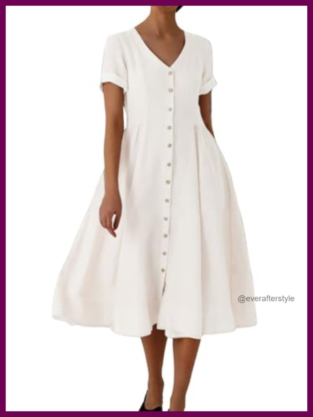 Women Cotton Fit and Flare Midi Dress V-Neck Button Down Beach Casual